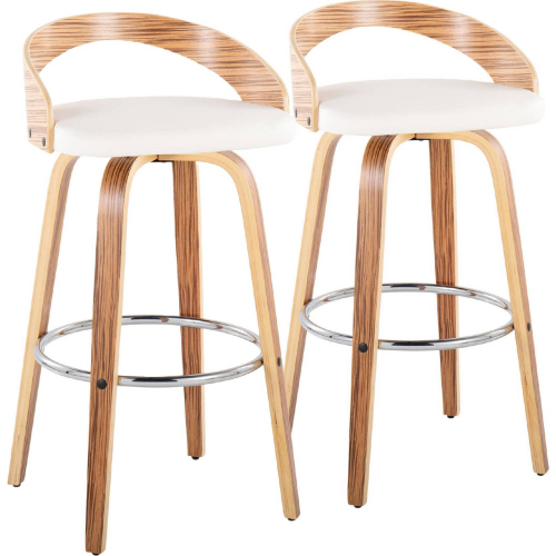 Grotto 30" Swivel Bar Stool in Zebra Wood & White Leatherette w/ Chrome Footrest (Set of 2)